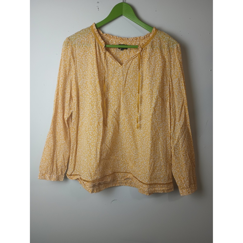Talbots Petite Yellow Floral Cotton Blouse Long Sleeve Tie Neck Top MP